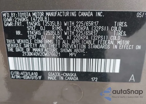 2012 Toyota Rav4 Limited V6 z USA, uszkodzony, nr VIN 2T3DK4DV2CW076621